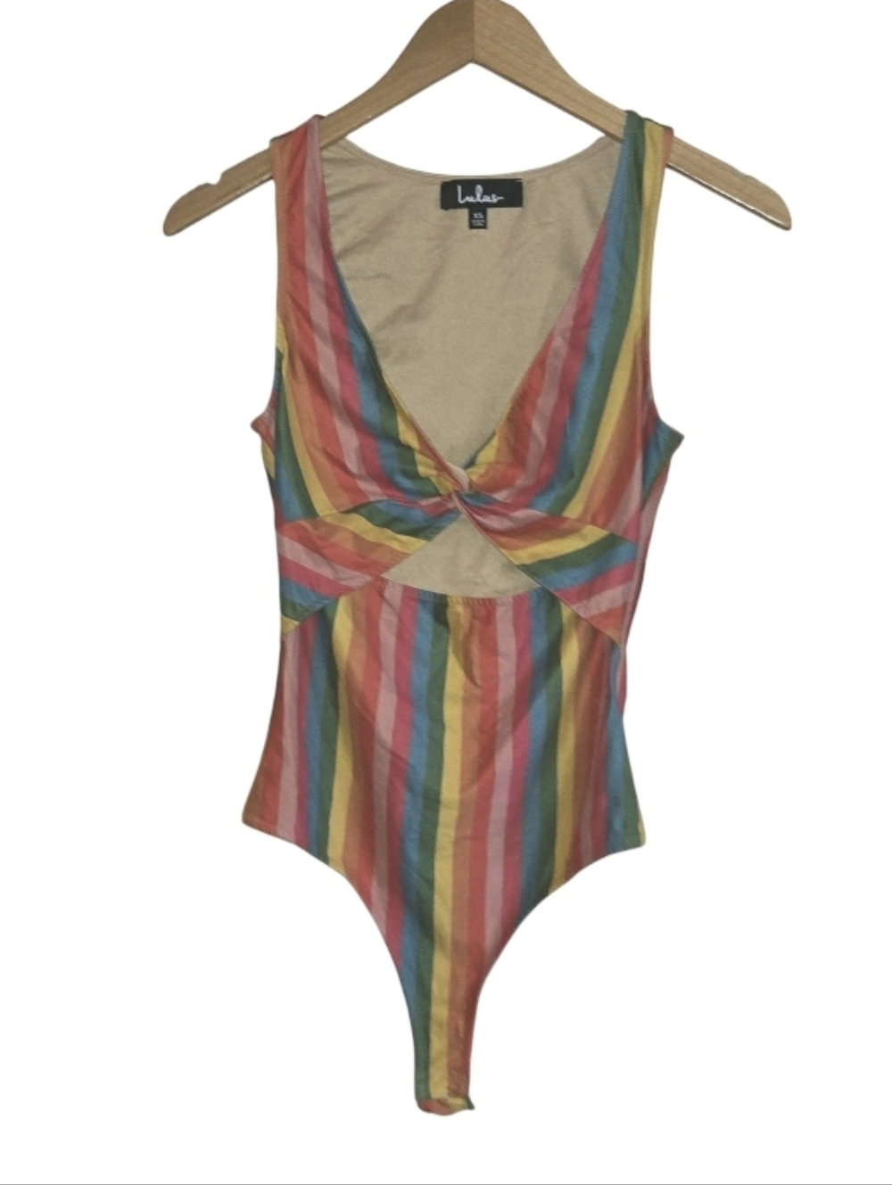 Lulus Clear Skyes Rainbow Striped Cutout Twist-Front Bodysuit